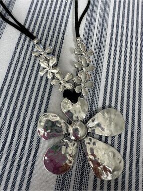Silver Floral Pendant Necklace - Black Cord